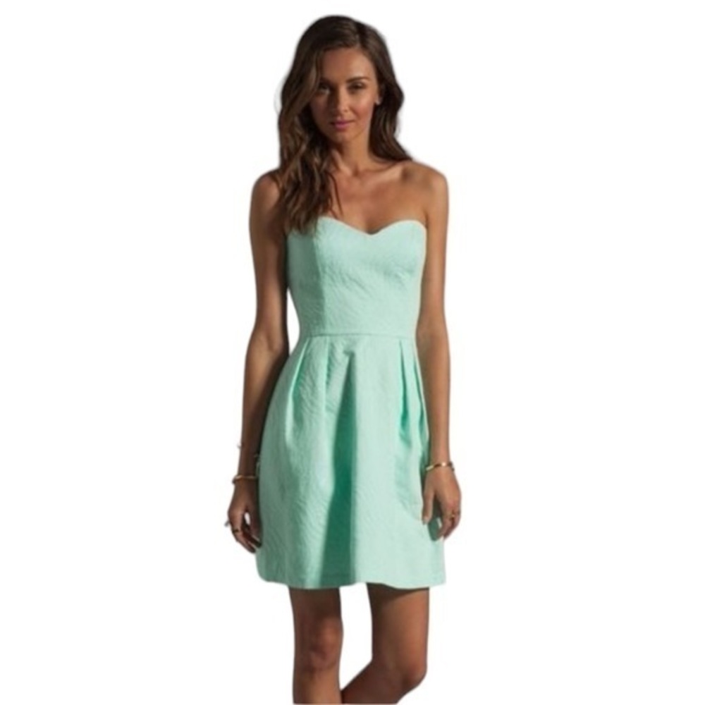 ERIN FETHERSTON MINT GREEN BROCADE COTTON STRAPLESS LINED DRESS 6